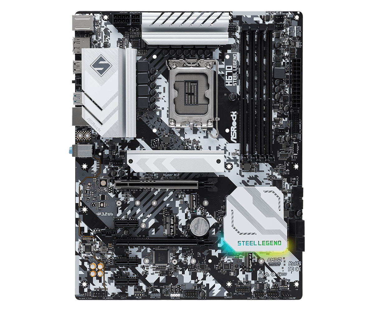 

Материнская плата ASRock H670 STEEL LEGEND, Socket1700, Intel H670, 4xDDR4, 2PCI-Ex16, 4SATA3, 7.1-ch, 2.5GLAN, 7 USB 3.2, 2 USB Type-C, HDMI, DP, ATX, Retail, H670 STEEL LEGEND