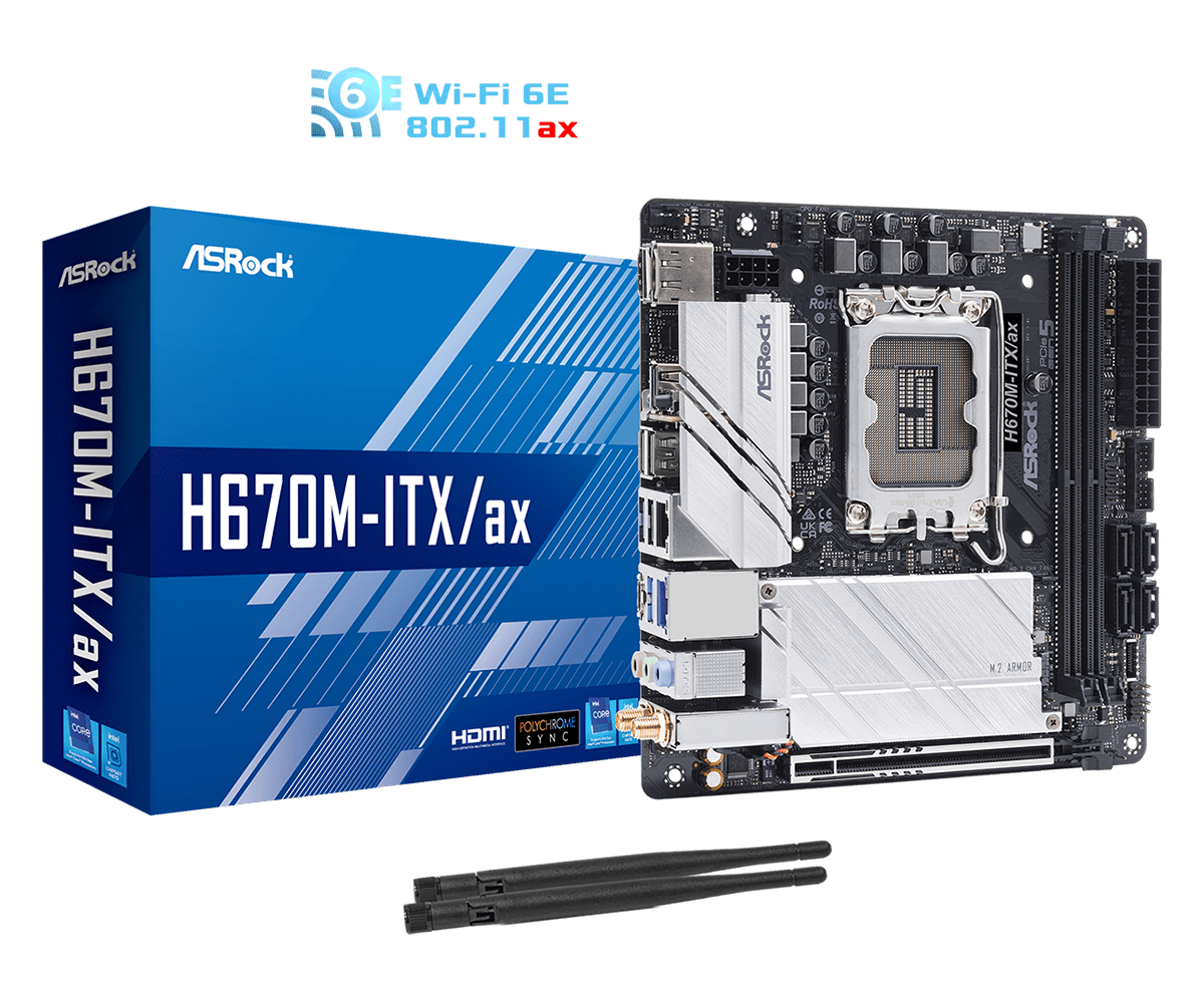 

Материнская плата ASRock H670M-ITX/AX, Socket1700, Intel H670, 2xDDR4, PCI-Ex16, 4SATA3, 7.1-ch, 2.5GLAN, 4 USB 3.2, 2 USB Type-C, HDMI, DP, mini-ITX, Retail, H670M-ITX/AX