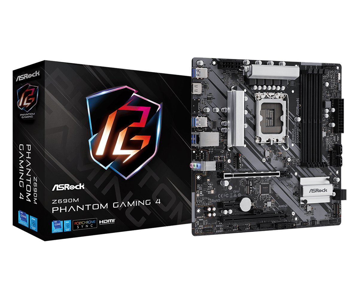 

Материнская плата ASRock Z690M PHANTOM GAMING 4, Socket1700, Intel Z690, 4xDDR4, 2PCI-Ex16, 4SATA3, 7.1-ch, GLAN, 10 USB 3.2, HDMI, mATX, Retail, Z690M PHANTOM GAMING 4