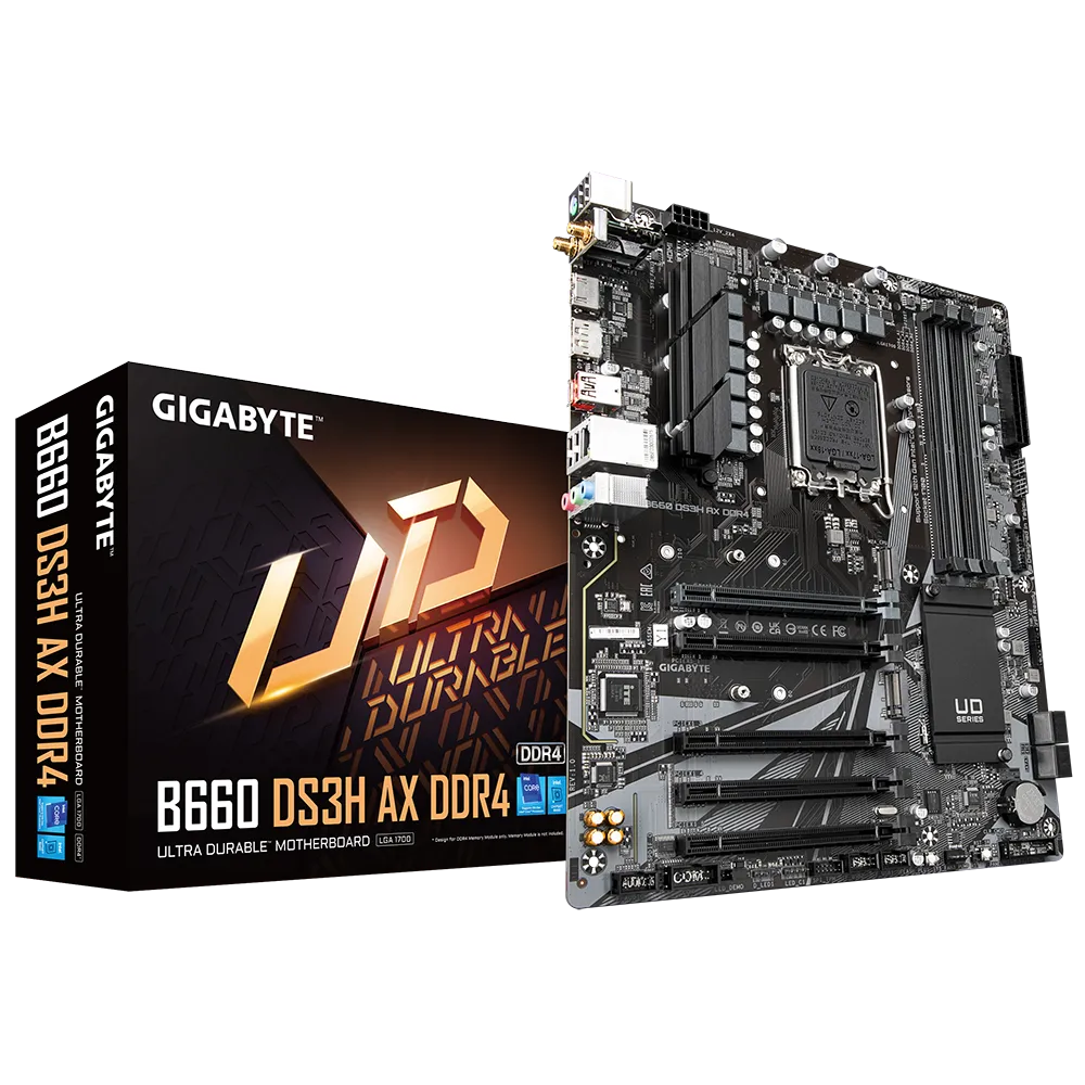 

Материнская плата GIGABYTE B660 DS3H AX DDR4, Socket1700, Intel B660, 4xDDR4, PCI-Ex16, 4SATA3, 7.1-ch, GLAN, 3 USB 3.2, 2 USB Type-C, HDMI, DP, ATX, Retail, B660 DS3H AX DDR4