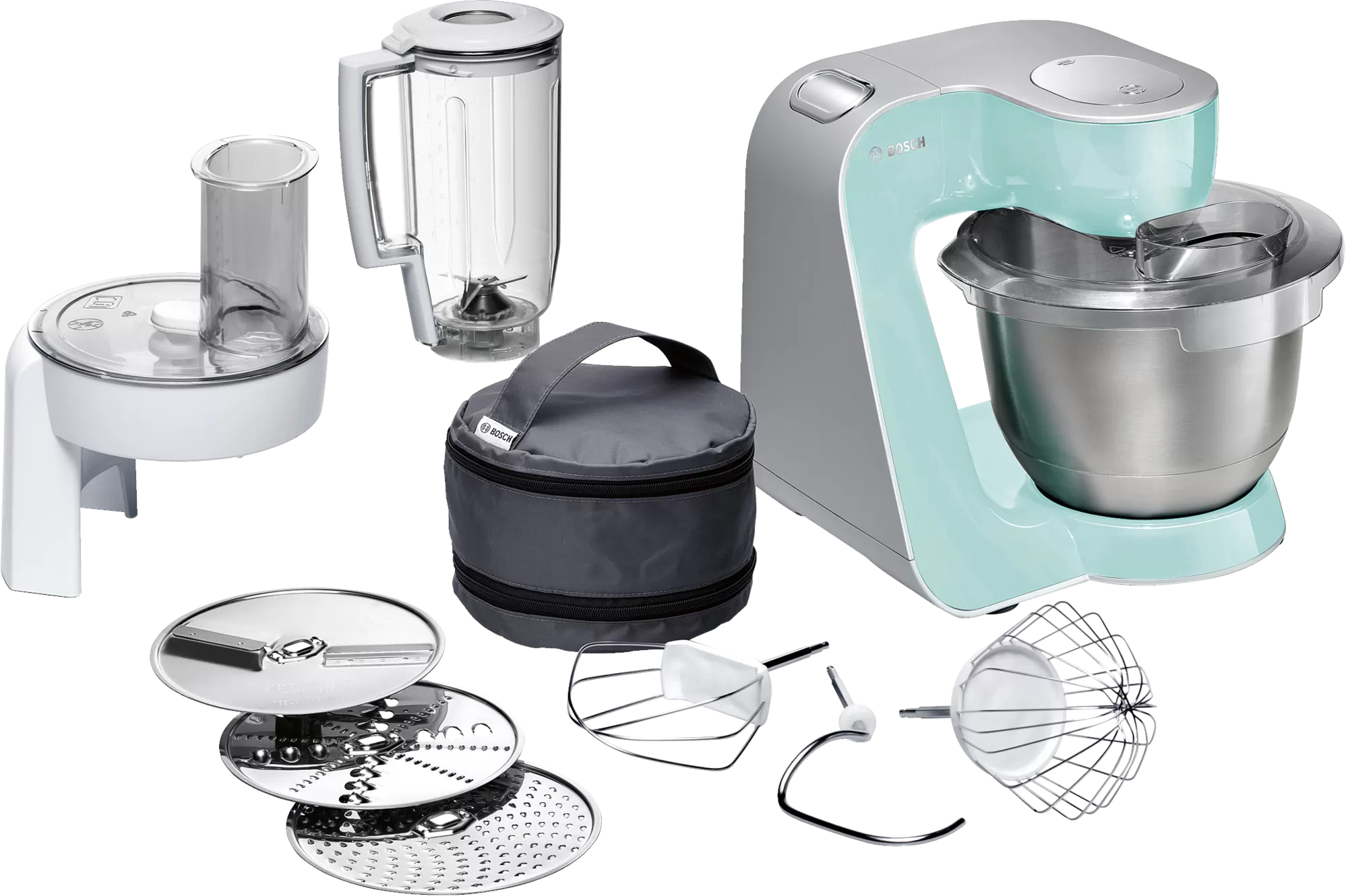 

Комбайн Bosch MUM5 MUM58020, 1 кВт, миксер, блендер, мультирезка, терка, бирюзовый/серебристый (MUM58020), MUM58020