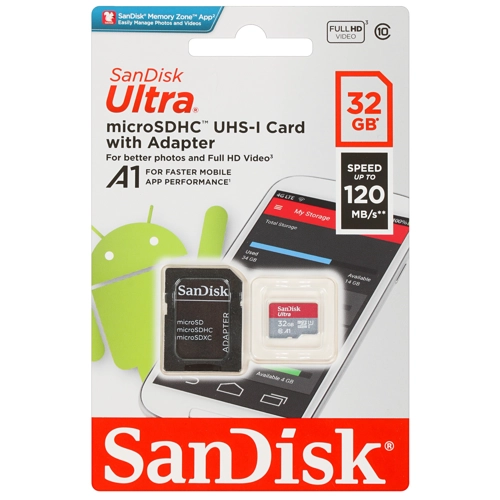 

Карта памяти 32Gb microSDHC Sandisk Ultra Class 10 UHS-I U1 A1 + адаптер (SDSQUA4-032G-GN6MA), SDSQUA4-032G-GN6MA