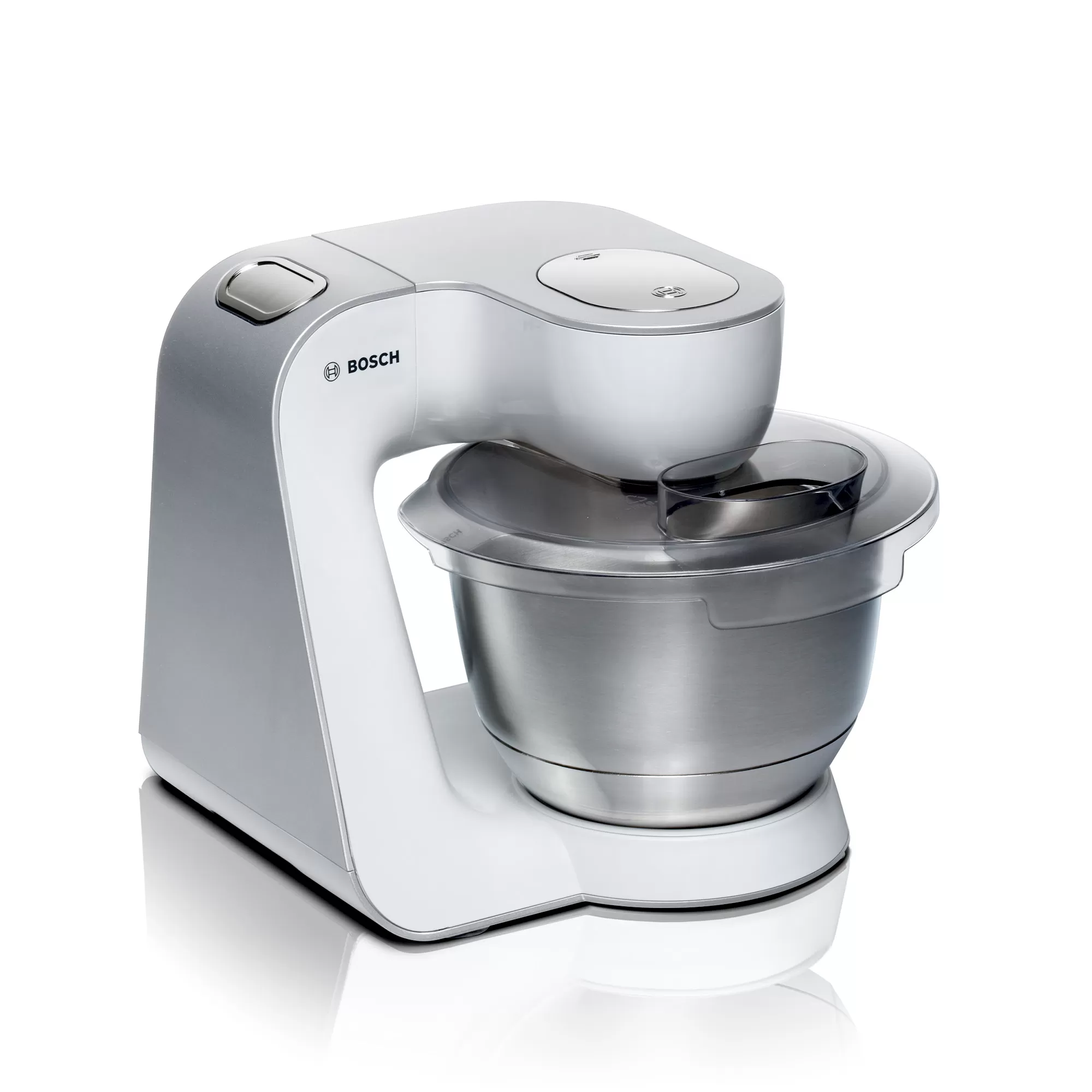 

Комбайн Bosch MUM5 MUM5824C, 1 кВт, миксер, блендер, мясорубка, мультирезка, терка, белый/серебристый (MUM5824C), MUM5824C
