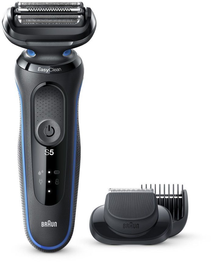 

Бритва Braun Series 5 50 B1500s, В комплекте идёт насадка-триммер для подравнивания бороды от 0,5 мм до 7 мм., черный/синий (1511506), B1500s