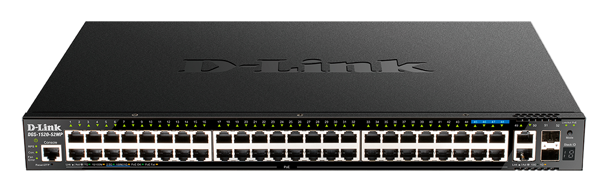 

Коммутатор D-link DGS-1520-52MP, управляемый, кол-во портов: 48x1 Гбит/с, SFP+ 2x10 Гбит/с, кол-во SFP/uplink: RJ-45 2x10 Гбит/с, установка в стойку, PoE: 48x30Вт (макс. 370Вт) (DGS-1520-52MP/A1A), DGS-1520-52MP