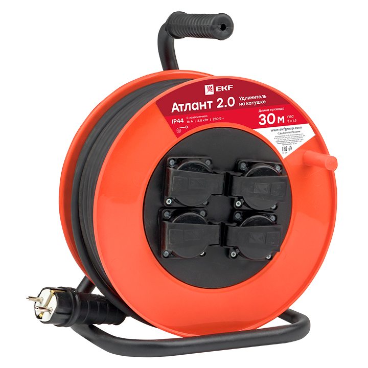

Удлинитель на катушке EKF Атлант 2.0, 4-розетки, 30м, черный/оранжевый ( UKA02-16-315-4-30-IP44), Атлант 2.0