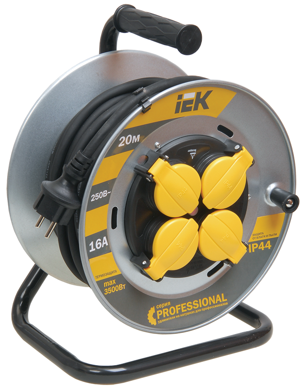 

Удлинитель на катушке IEK Professional УК20, 4-розетки, 20м, черный/серебристый (WKP16-16-04-20-44), УК20