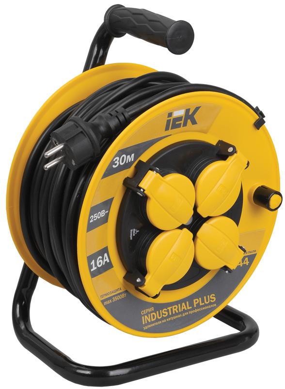 

Удлинитель на катушке IEK Industrial Plus УК30, 4-розетки, 30м, желтый/черный (WKP15-16-04-30-44), УК30