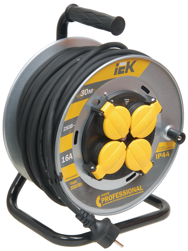 

Удлинитель на катушке IEK Professional УК30, 4-розетки, 30м, черный/серебристый (WKP16-16-04-30-44), УК30