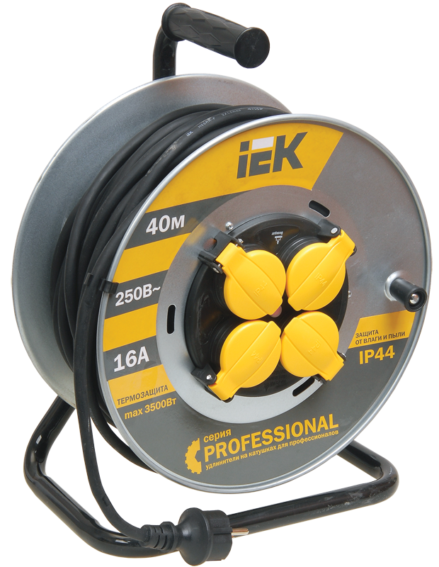 

Удлинитель на катушке IEK Professional УК40, 4-розетки, 40м, черный/серебристый (WKP16-16-04-40-44), УК40