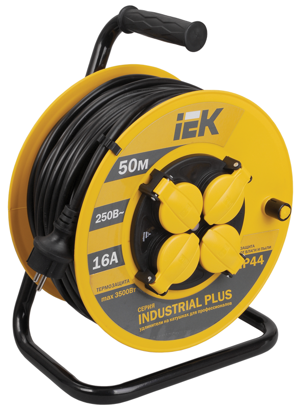

Удлинитель на катушке IEK Industrial Plus УК50, 4-розетки, 50м, желтый/черный (WKP15-16-04-50-44), УК50