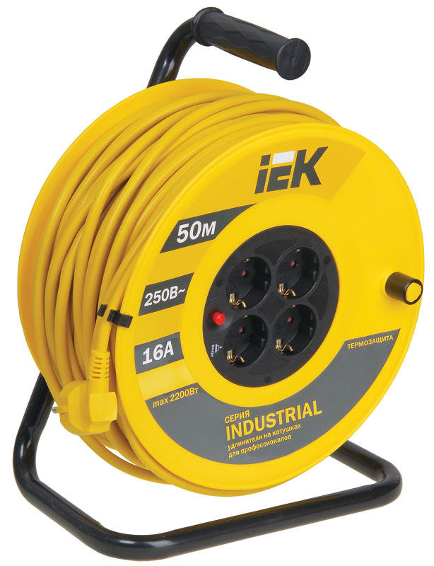 

Удлинитель на катушке IEK Industrial УК50, 4-розетки, 50м, желтый/черный (WKP15-16-04-50), УК50