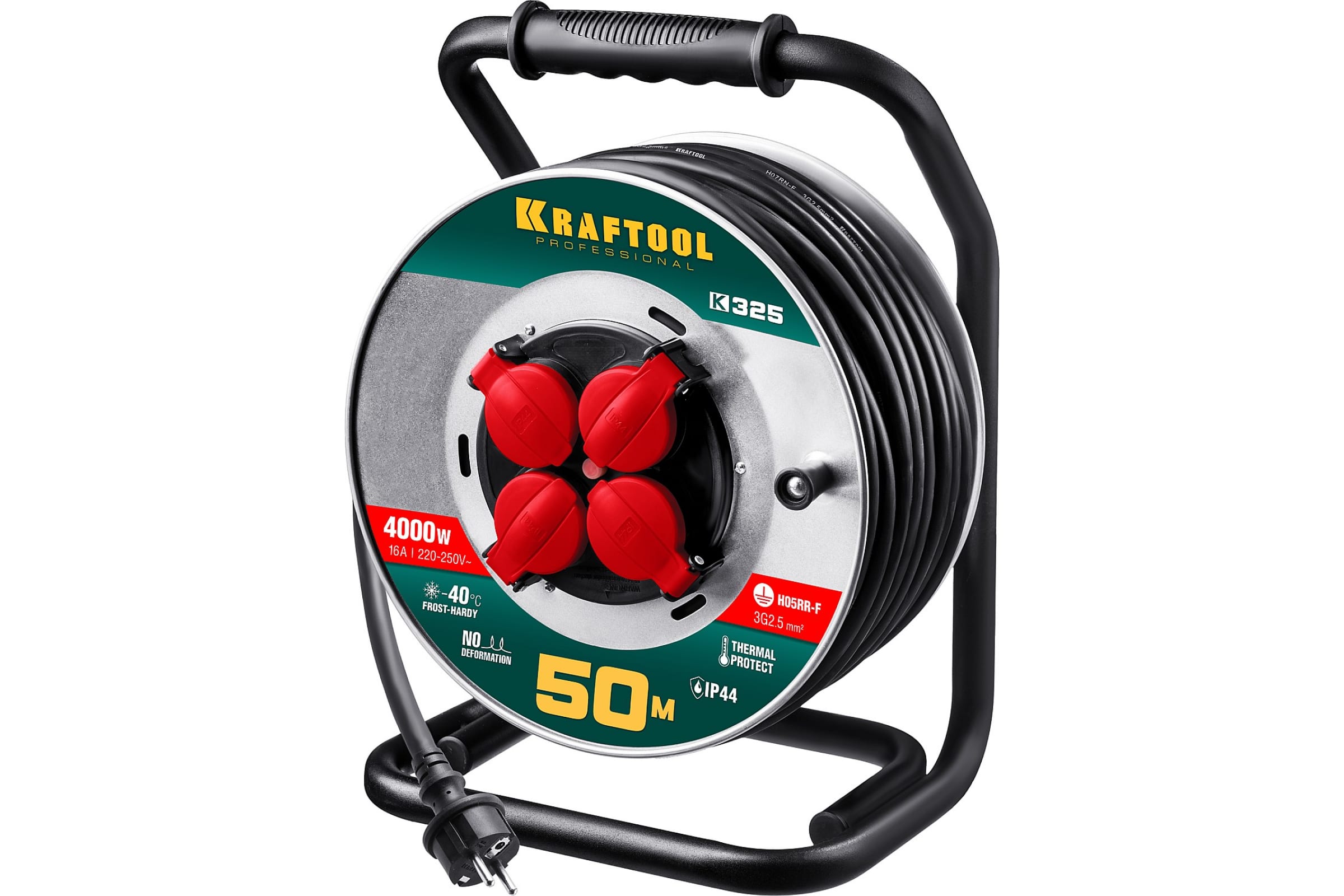 

Удлинитель на катушке KRAFTOOL K-325, 4-розетки, 50м, черный/серебристый (55086-50), K-325