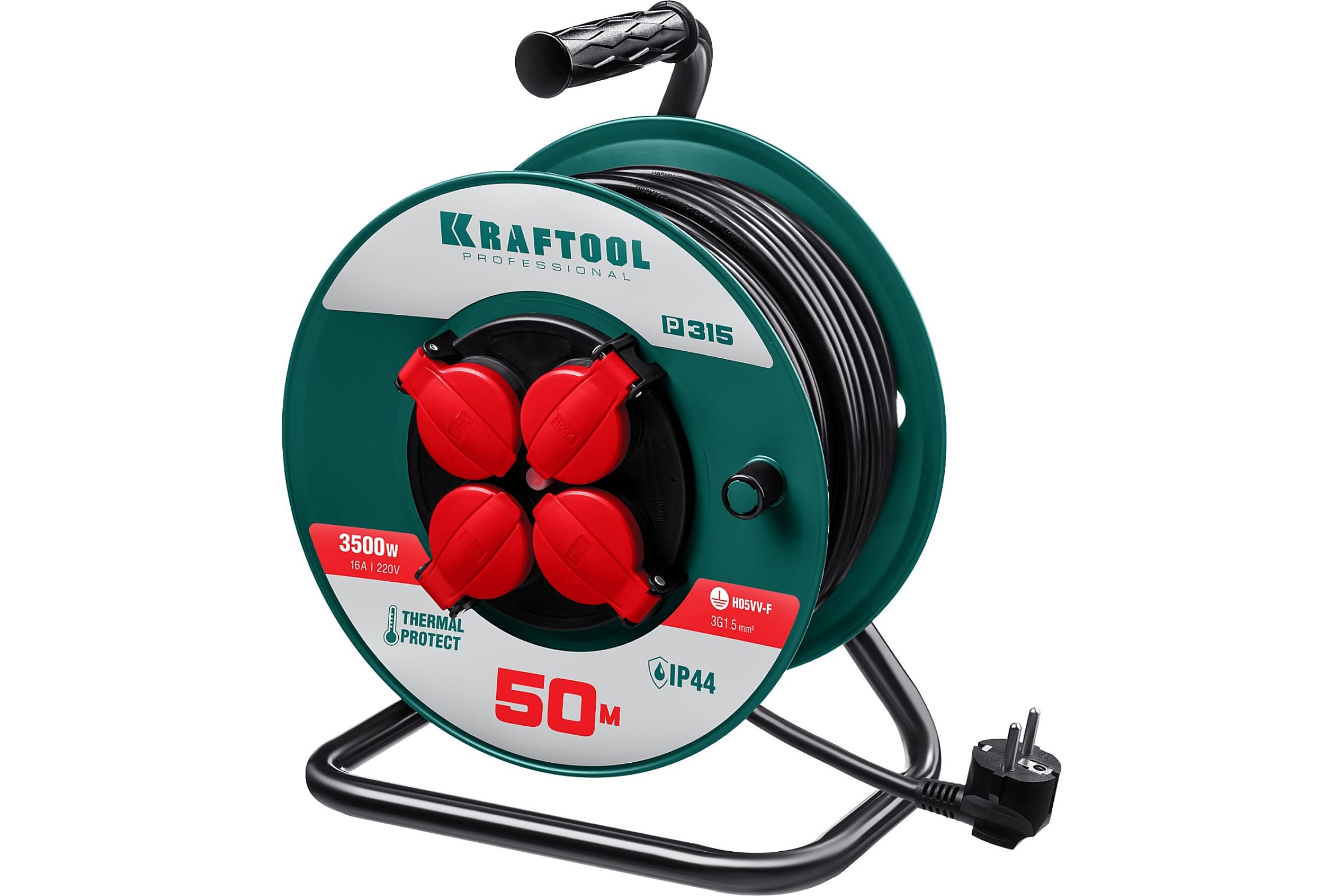 

Удлинитель на катушке KRAFTOOL P-315, 4-розетки, 50м, черный/зеленый (55084-50), P-315