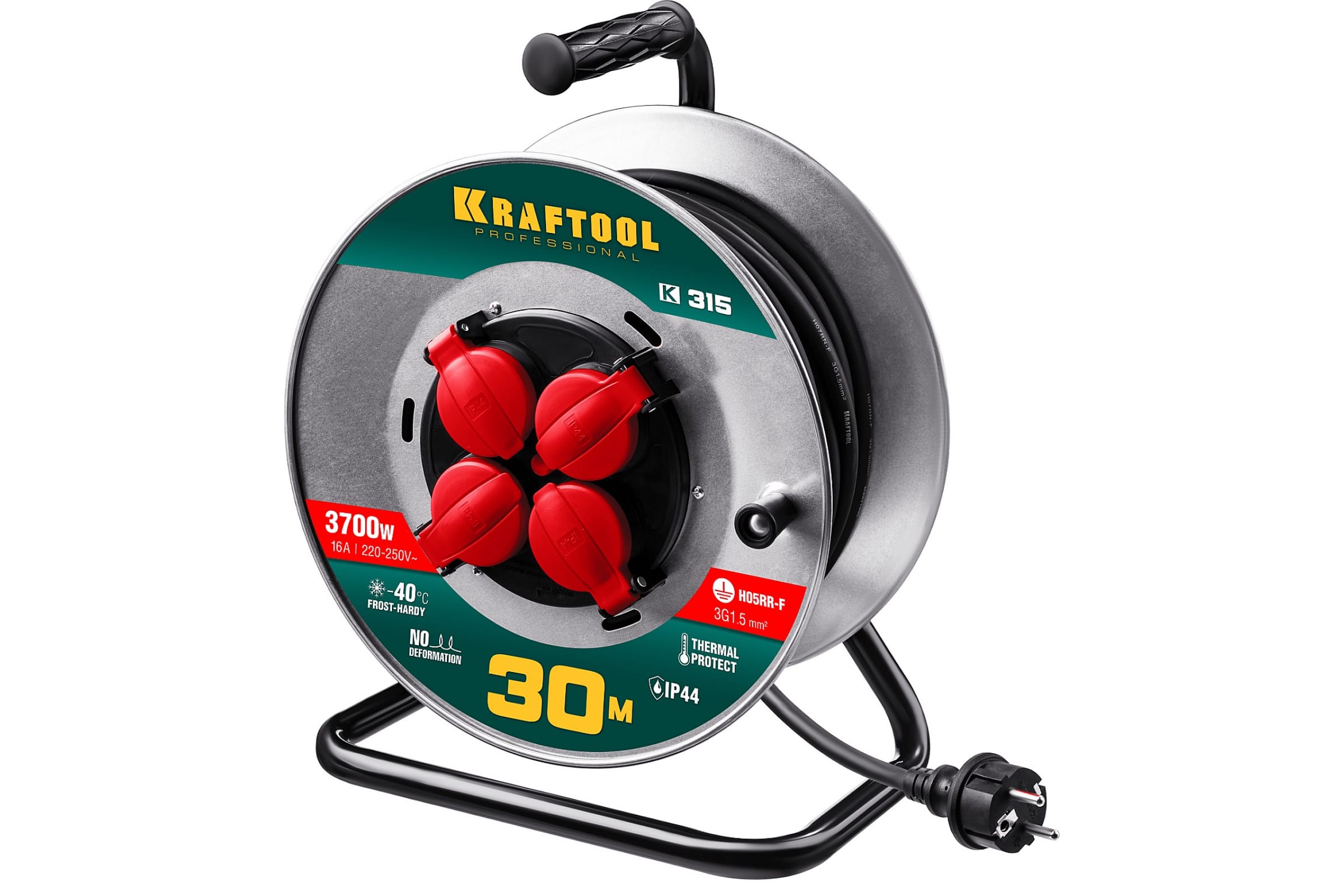

Удлинитель на катушке KRAFTOOL К-315, 4-розетки, 30м, черный/серебристый (55085-30), К-315