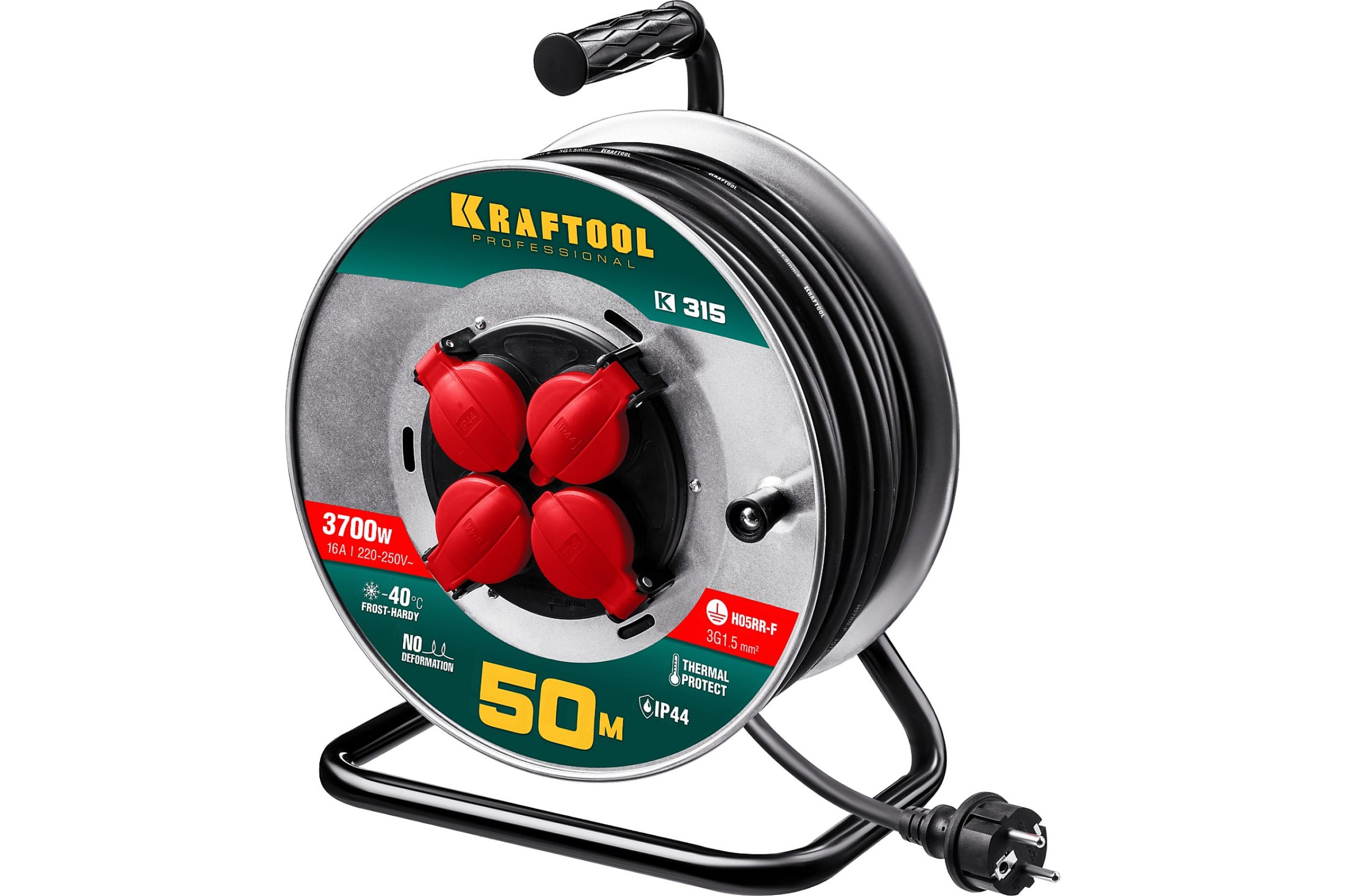 

Удлинитель на катушке KRAFTOOL К-315, 4-розетки, 50м, черный/серебристый (55085-50), К-315