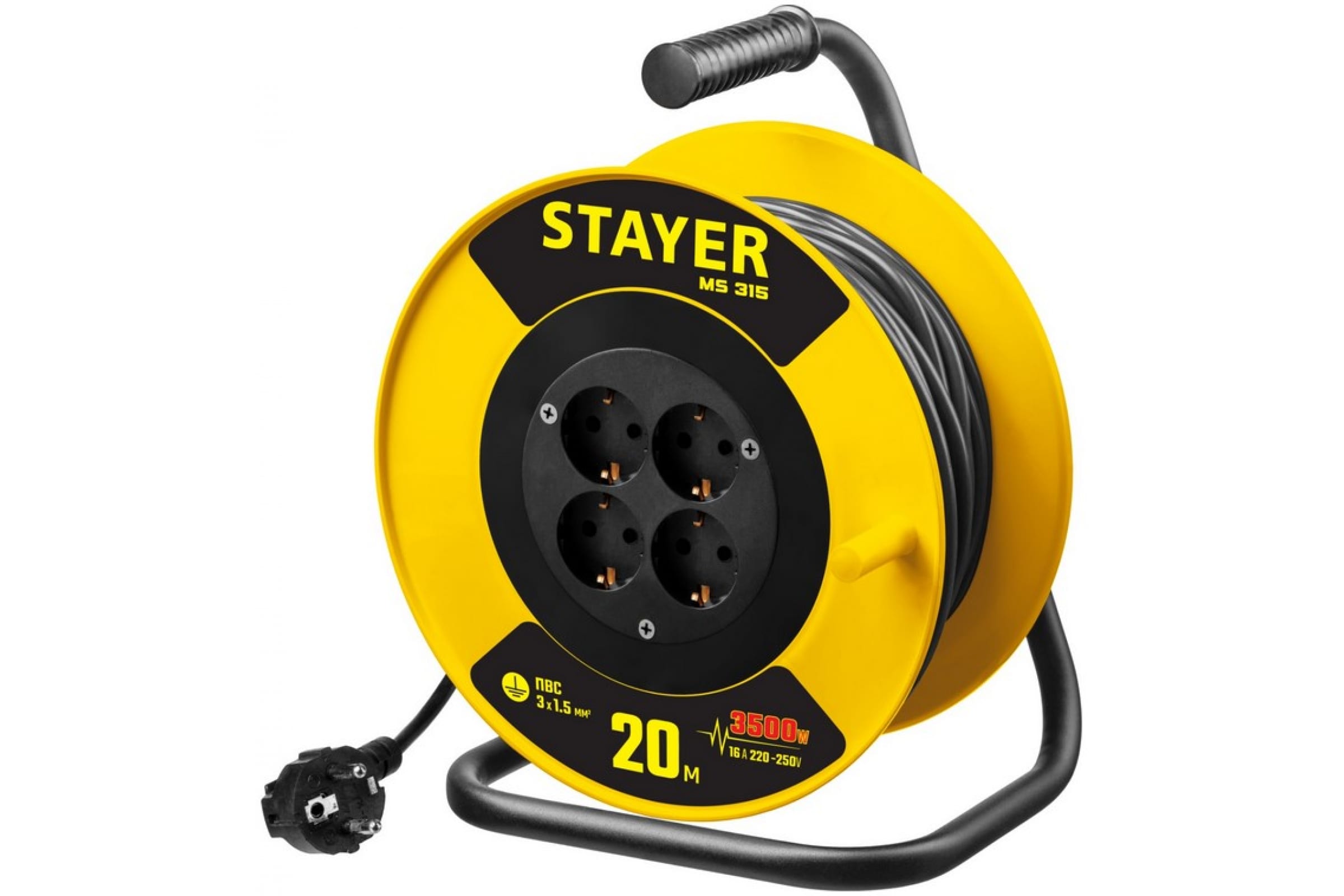 

Удлинитель на катушке STAYER MS 315, 4-розетки, 20м, черный/желтый (55078-20), MS 315