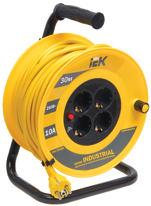 

Удлинитель на катушке IEK Industrial УК30, 4-розетки, 30м, желтый/черный (WKP14-10-04-30), УК30