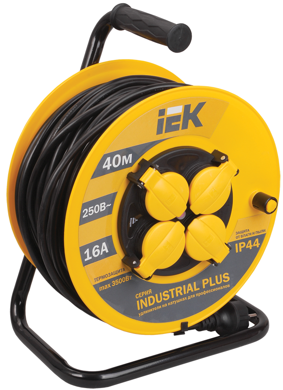 

Удлинитель на катушке IEK Industrial Plus УК40, 4-розетки, 40м, черный/желтый (WKP15-16-04-40-44), УК40