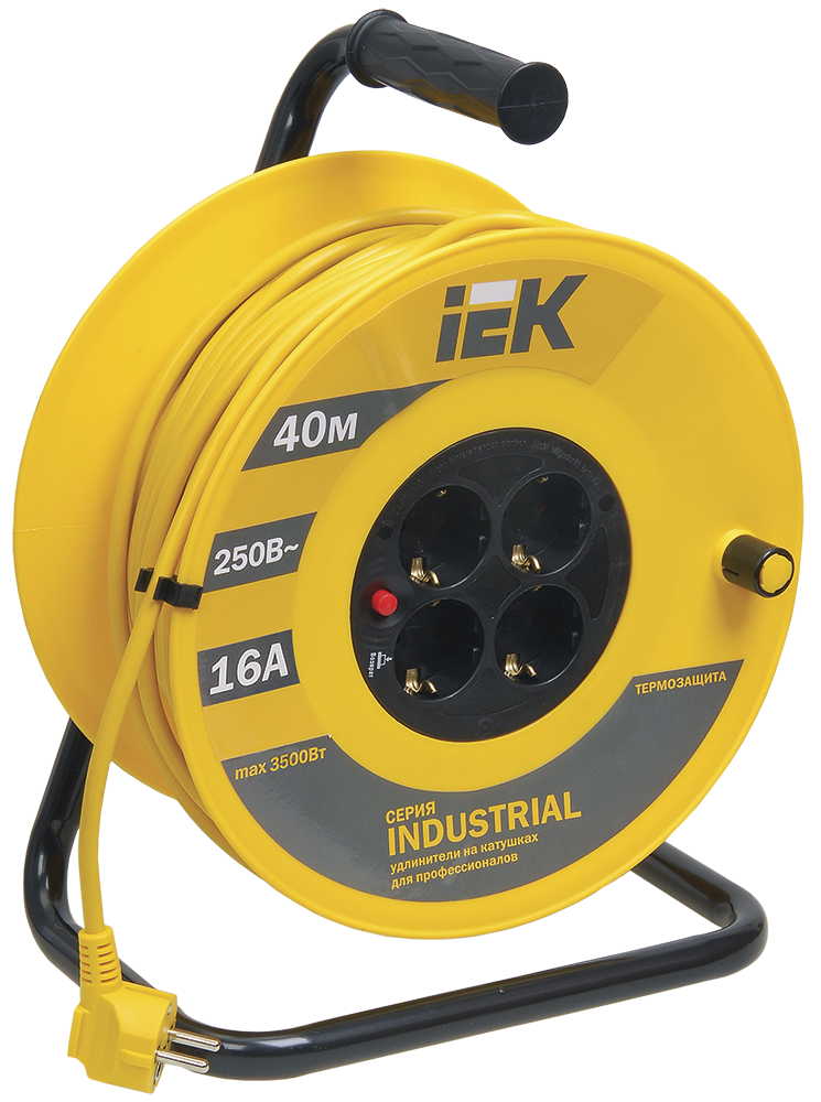 

Удлинитель на катушке IEK Industrial УК40, 4-розетки, 40м, желтый/черный (WKP15-16-04-40), УК40