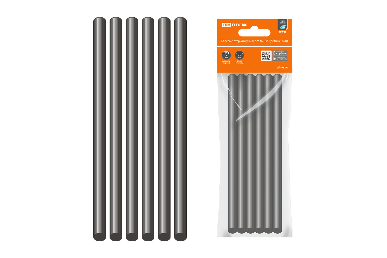 Клеевые стержни TDM Алмаз 7x100мм, черный, 6шт., пакет (SQ1024-0502)
