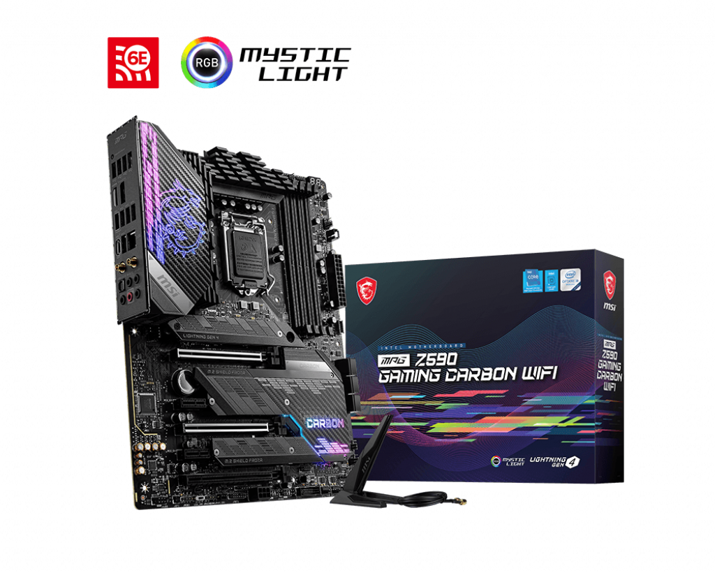 Материнская плата MSI MPG Z590 GAMING CARBON WIFI, Socket1200, Intel Z590, 4xDDR4, 3PCI-Ex16, 6SATA3, 7.1-ch, 1х2,5 Гбит/с, 5 USB 3.2, 2 USB Type-C, HDMI, DisplayPort, ATX, Retail