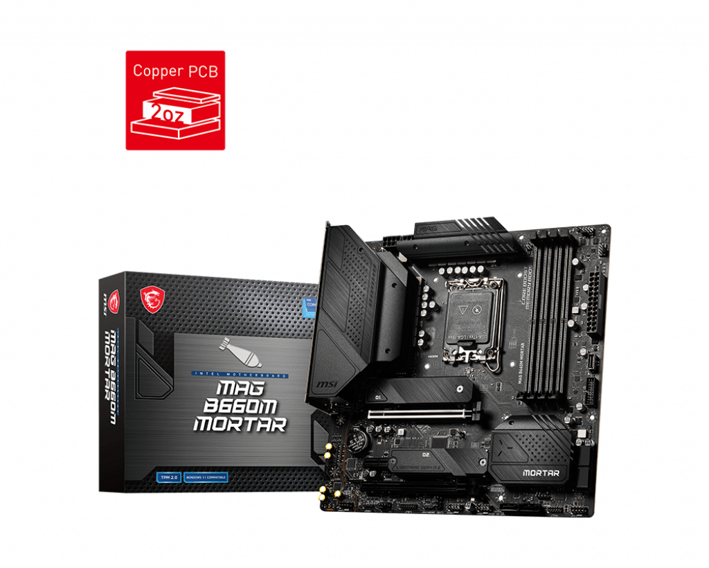 

Материнская плата MSI MAG B660M MORTAR, LGA1700, Intel B660, 4xDDR5 DIMM, 2PCI-Ex16, 6SATA3, 7.1-ch, 1х2,5 Гбит/с, 5 USB 3.2, 2 USB Type-C, HDMI, DisplayPort, mATX, Retail, MAG B660M MORTAR