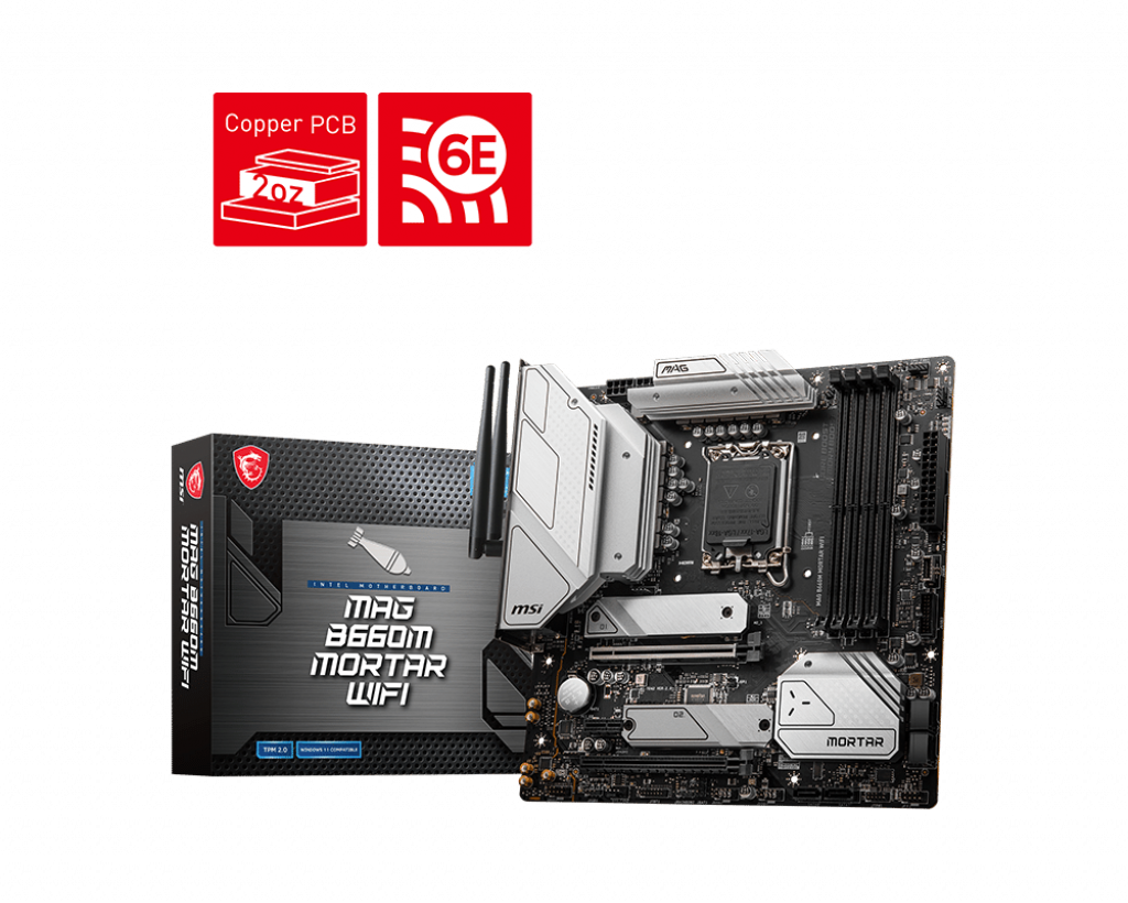 

Материнская плата MSI MAG B660M MORTAR WIFI, LGA1700, Intel B660, 4xDDR5 DIMM, 2PCI-Ex16, 6SATA3, 7.1-ch, 1х2,5 Гбит/с, 5 USB 3.2, 2 USB Type-C, HDMI, DisplayPort, mATX, Retail, MAG B660M MORTAR WIFI