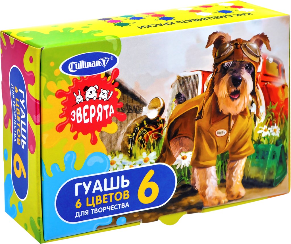 

Краски гуашь 6 шт./6 цветов, белый, красный, черный, желтый, зеленый, синий, 17 мл, флакон, картонная коробка, Cullinan Зверята (FG-106-Z)