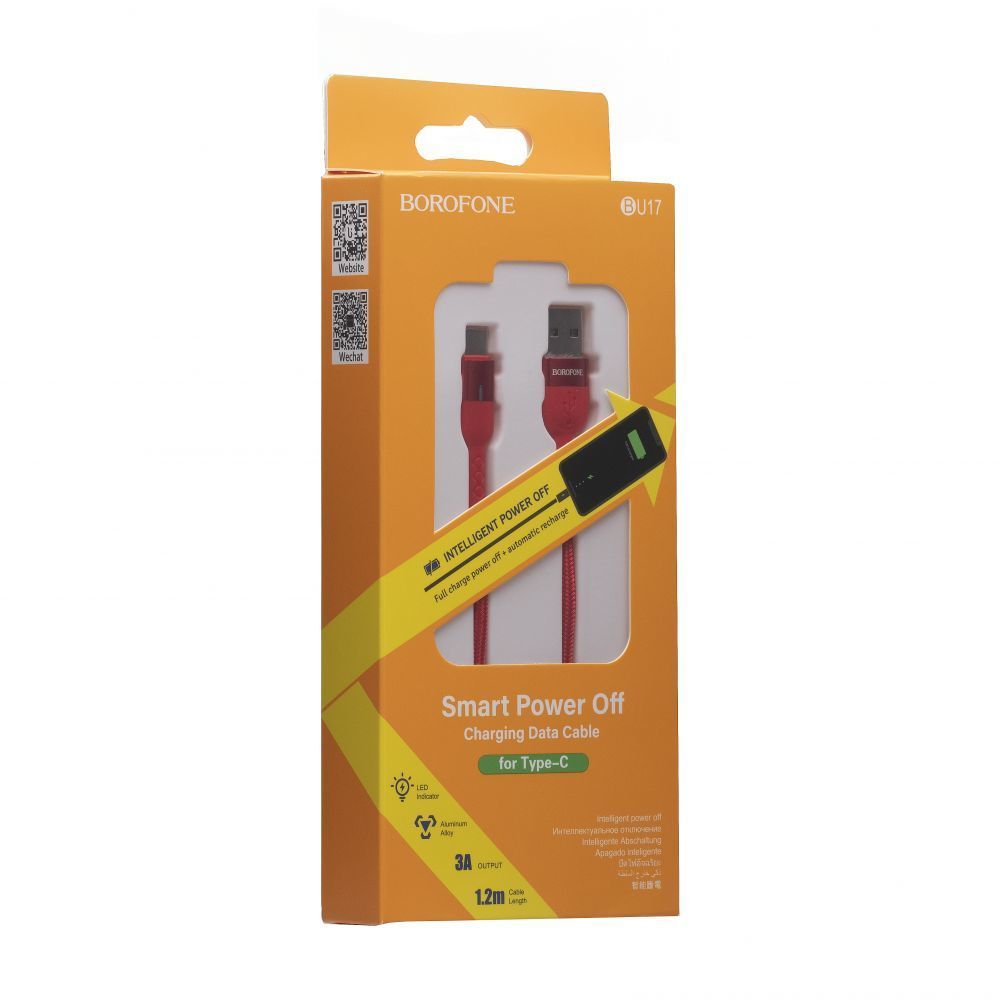 

Кабель USB Type-C(m)-USB 2.0(Am), 3A, 1.2м, красный Borofone BU17 (6931474724106), BU17