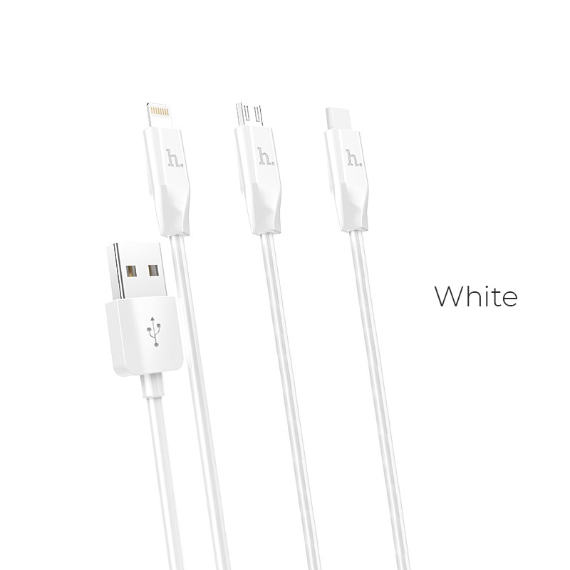 

Кабель USB 2.0(Am)-Lightning 8-pin(m)+Micro USB 2.0(Am)+USB 2.0 Type-C(m), 3A, 1м, белый HOCO Rapid X1 (6957531032069 / УТ-00008154), X1