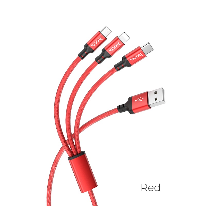 

Кабель USB 2.0(Am)-Lightning 8-pin(m)+Micro USB 2.0(Am)+USB 2.0 Type-C(m), 2A, 1м, красный HOCO X14 (УТ-00009246), X14