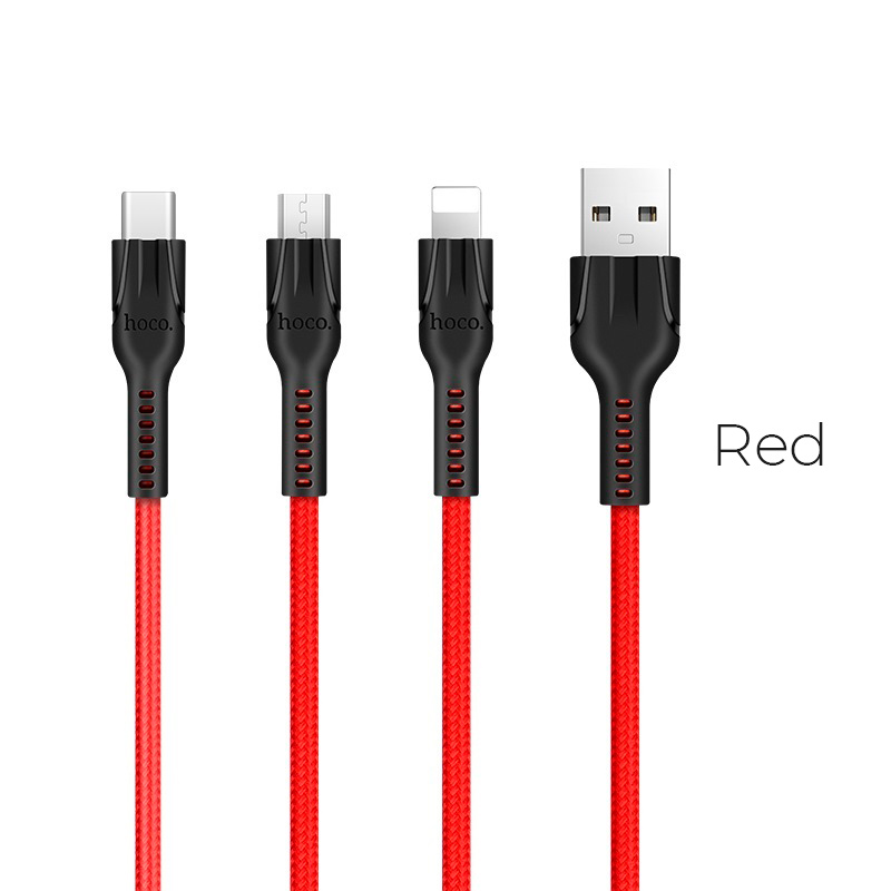 

Кабель USB 2.0(Am)-Lightning 8-pin(m)+Micro USB 2.0(Am)+USB 2.0 Type-C(m), 2.4А, 1.2 м, красный, HOCO U31, U31