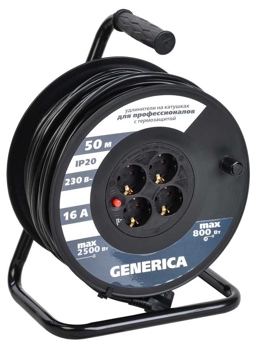 

Удлинитель на катушке IEK GENERICA, 4-розетки, 50м, черный (WKP20-16-04-50-G), GENERICA