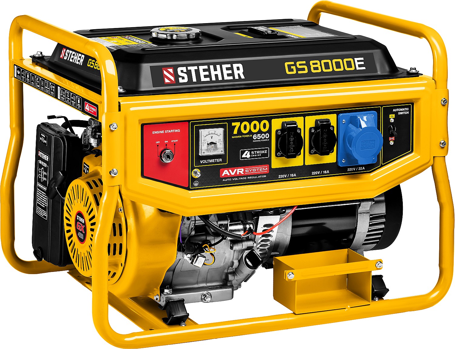 

Электрогенератор STEHER GS-8000Е, однофазный, синхронный, бензиновый, 15 л.с., 7кВт, 2xEURO 16A + 1x220В 32A, GS-8000Е