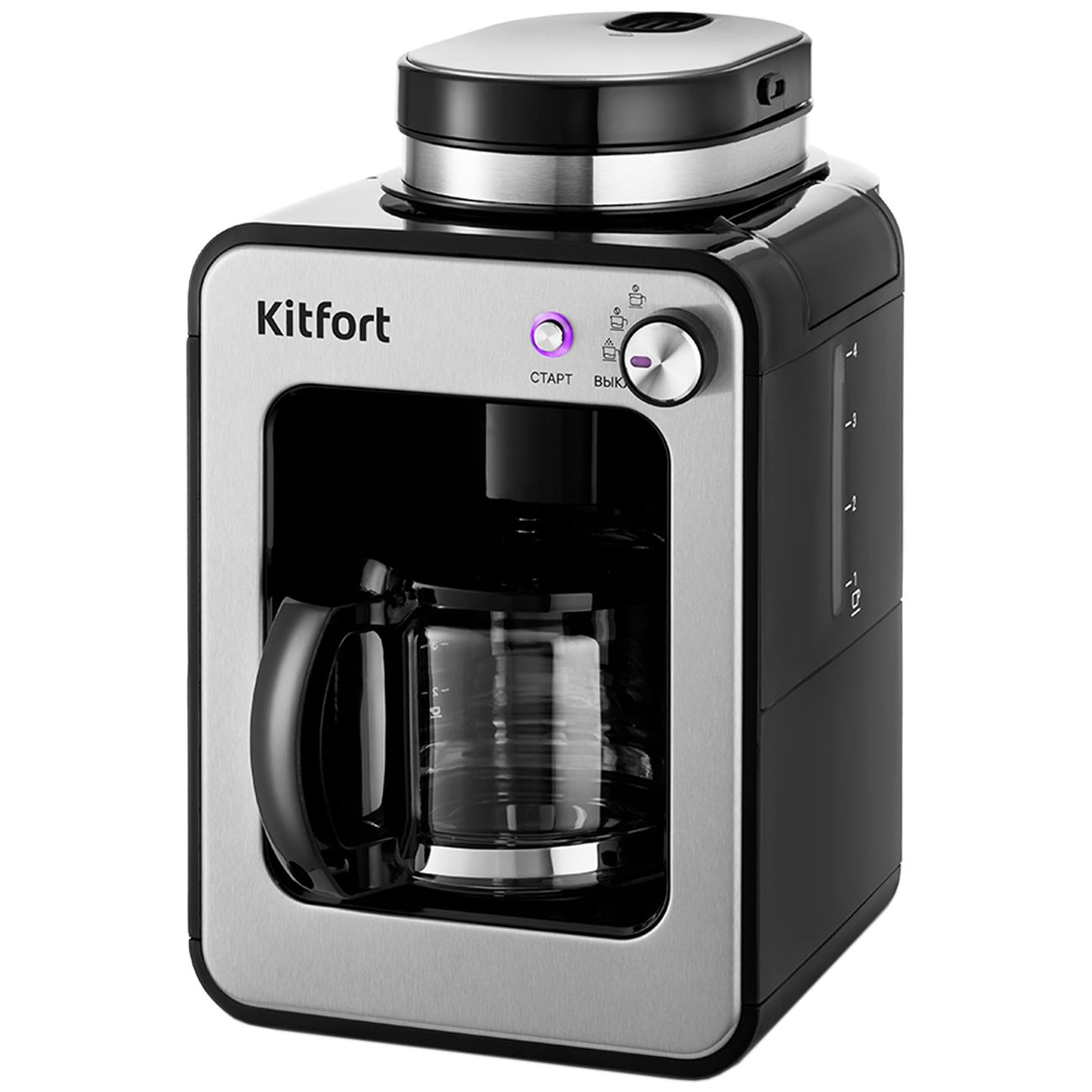 

Кофеварка капельная Kitfort КТ-777, 600 Вт, кофе молотый / зерновой, 480 мл/480 мл, нержавеющая сталь/черный, КТ-777