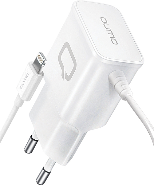 Сетевое зарядное устройство Qumo Energy (Charger 0026), 8-pin Lightning, 2.1A, белый ( 30550), встроенный кабель Lighting 8-pin