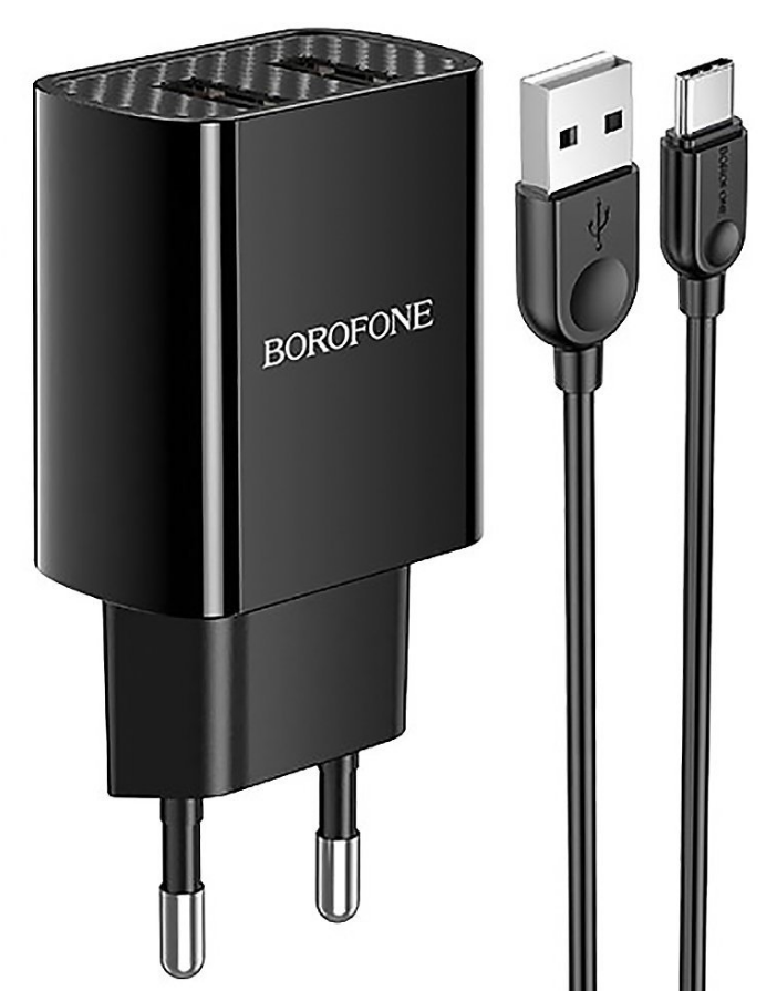 

Сетевое зарядное устройство Borofone BA53A Powerway 10W, 2USB, 1.5A, черный, кабель USB Type C, BA53A Powerway