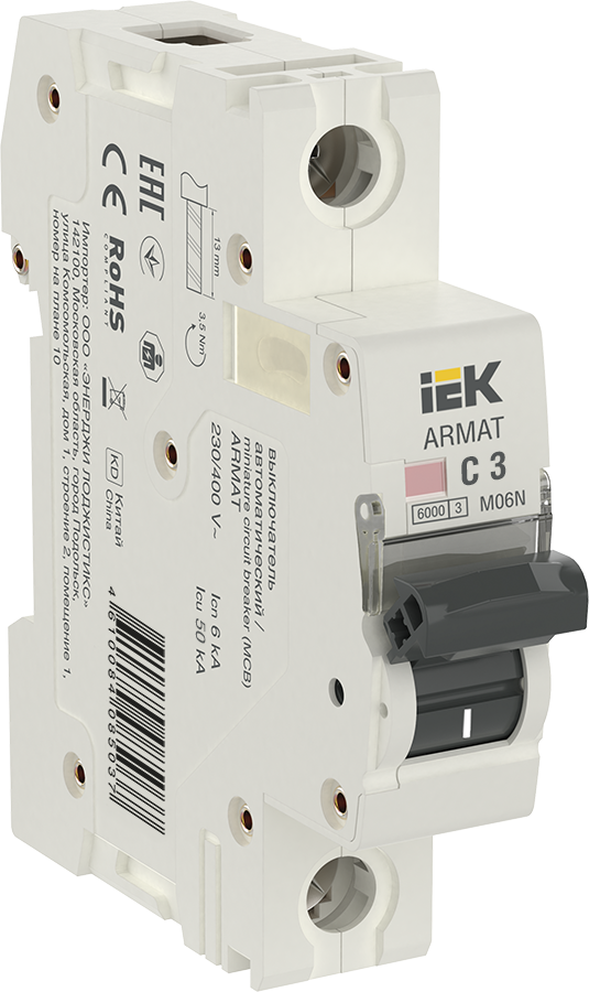 

Выключатель автоматический IEK M06N Armat однополюсный (1P/1П) 3А C 6кА (AR-M06N-1-C003), M06N