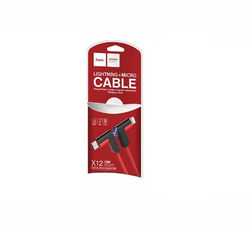 

Кабель Lightning 8-pin(m)+Micro USB 2.0(Bm)-USB 2.0(Am), угловой, 2.4A, 1.2м, красный HOCO X12, X12