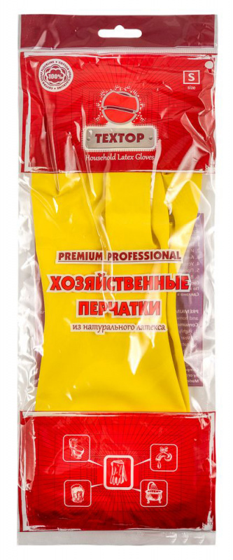 Перчатки хозяйственно-бытовые латексные, с х/б напылением, S, желтый, TEXTOP Premium Professional (T213)