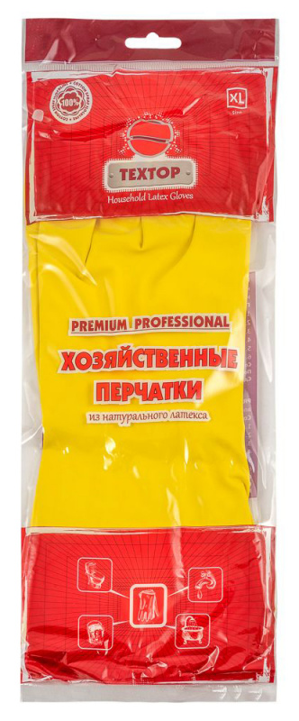 

Перчатки хозяйственно-бытовые латексные, с х/б напылением, XL, желтый, TEXTOP Premium Professional (T244)