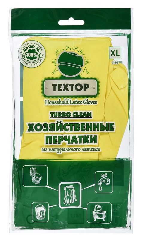 

Перчатки хозяйственно-бытовые латексные, с х/б напылением, XL, желтый, TEXTOP Turbo Clean (T831)