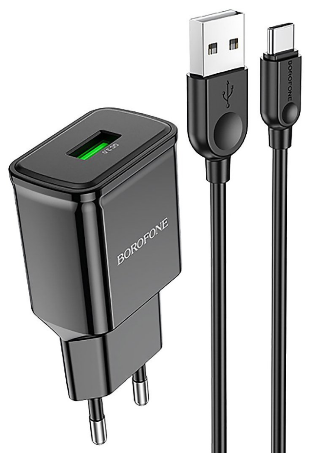 Сетевое зарядное устройство Borofone BA59A Heavenly 18W, 1USB, Quick Charge, 3A, черный, кабель USB Type C - фото 1