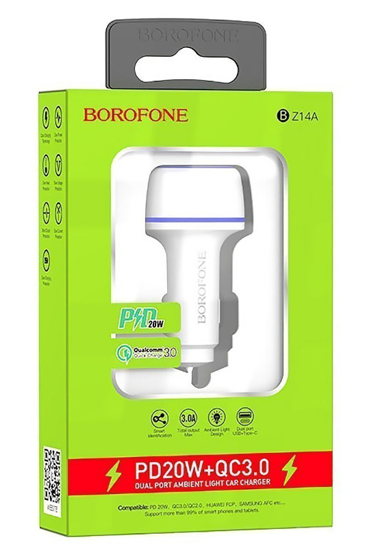 

Автомобильное зарядное устройство Borofone BZ14A, USB, 1xUSB Type C, 3.4А, 20 Вт, QC, PD, белый, BZ14A