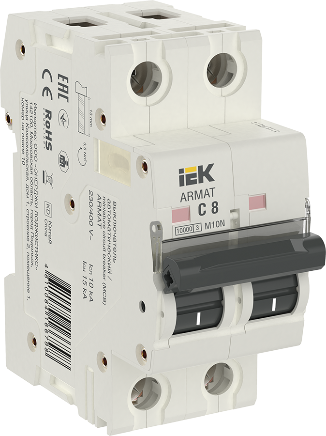 

Выключатель автоматический IEK M10N Armat двухполюсный (2P/2П) 8А C 10кА (AR-M10N-2-C008), M10N