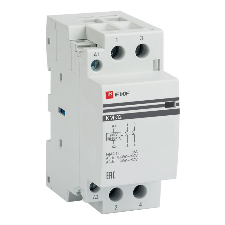 

Контактор модульный двухполюсный (2P) 32А 400 В/230 В, AC, 2НО, IP20, EKF PROxima (km-2-32-20)