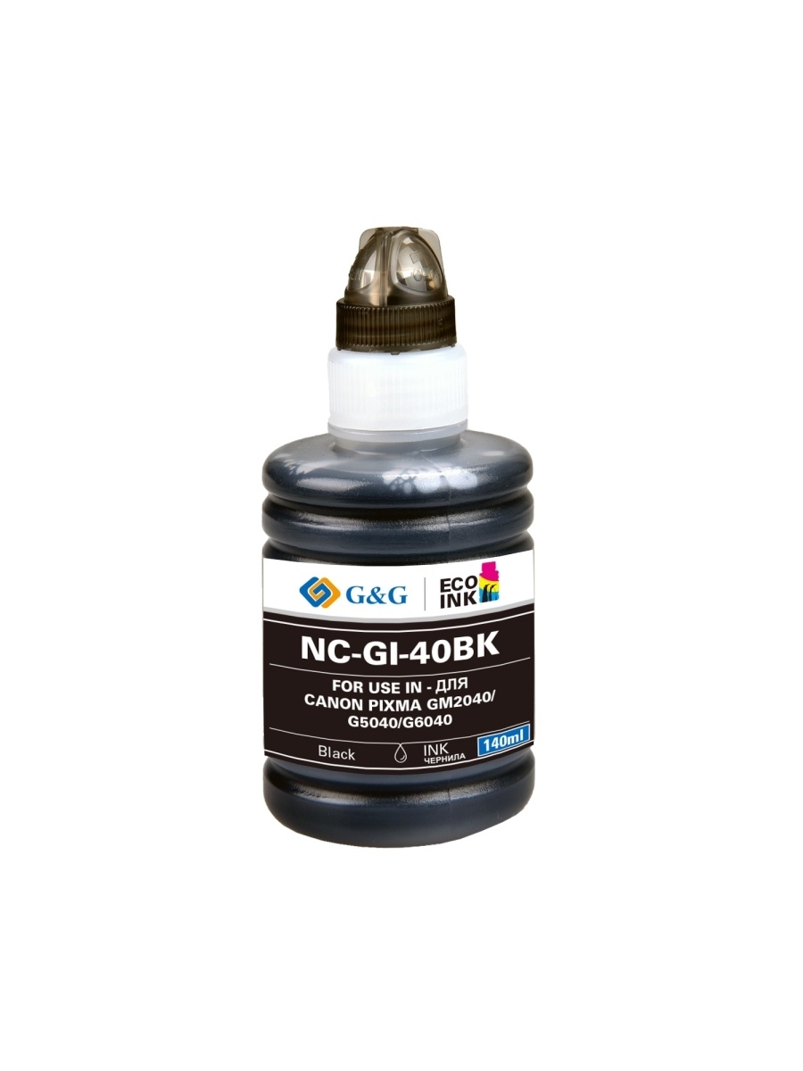 

Чернила G&G, 140 мл, черный, совместимые, водные для Canon Pixma 5040/6040 (NC-GI-40BK)