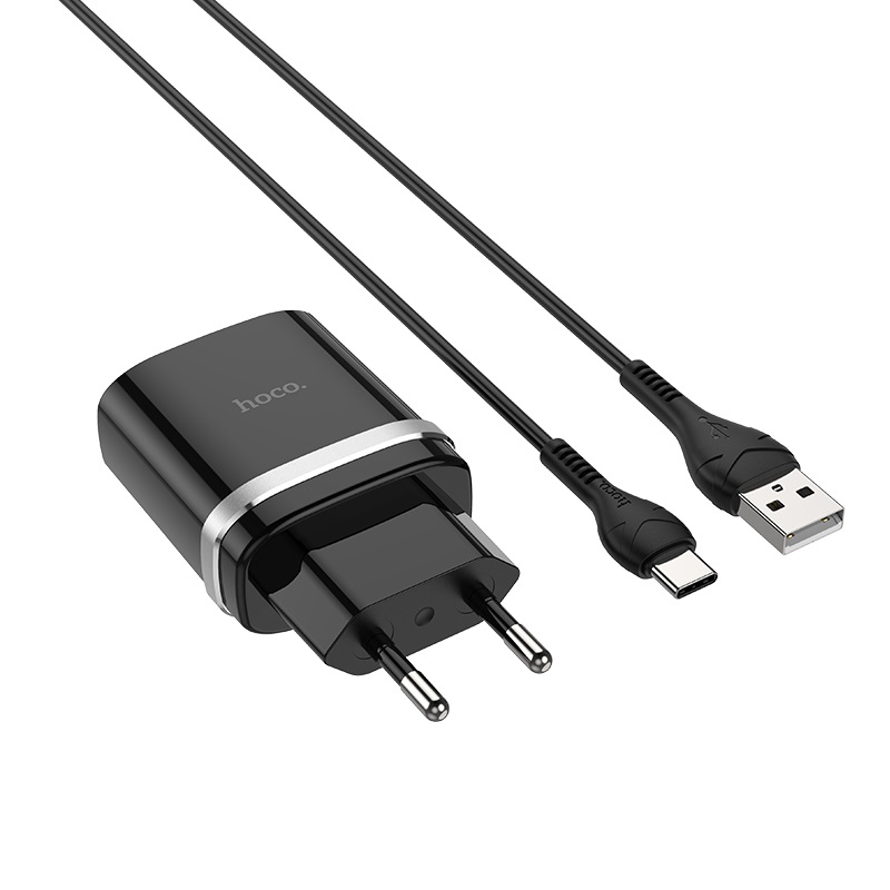 Сетевое зарядное устройство Hoco C12Q 18W, 1USB, Quick Charge, 3A, черный (6931474716293), кабель USB Type C - фото 1