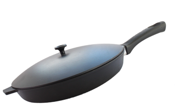 Сковорода Камская посуда Б6041, чугун, антипригарное покрытие, съемная ручка, черный с крышкой (Б6041)